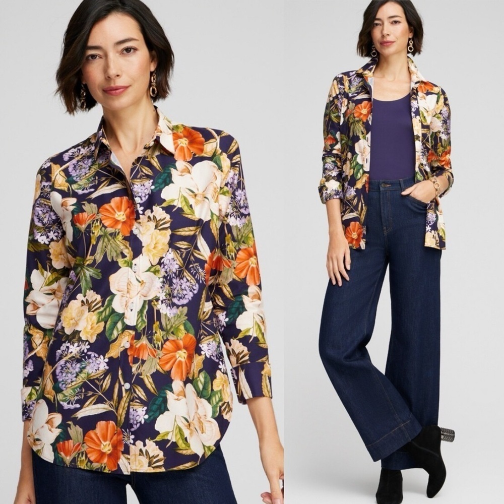 Chico’s No Iron Stretch Floral Print Button Down‎ Shirt